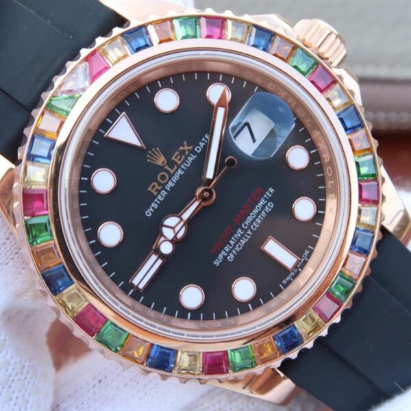 Yacht-Master 1 Golden Diamond Bezel Black Dial Rubber Strap 40mm - Image 10